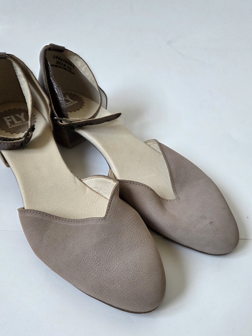 FLY London Taupe Leather Block Heel Mules
